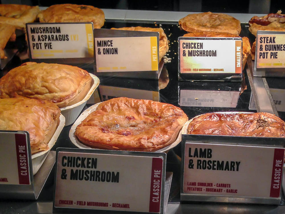 Square Pie display case at Square Pie in Spitalfields market in London. Photo by alphacityguides.