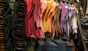 Colored denim display inside Jean Shop in New York. Photo by alphacityguides.