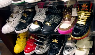 Sneaker display inside Kicks Lab in Tokyo. Photo by alphacityguides.