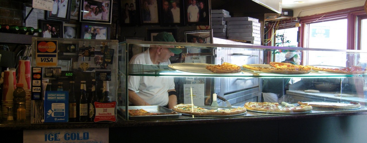 Pizza counter at Bleecker Street Pizza. 