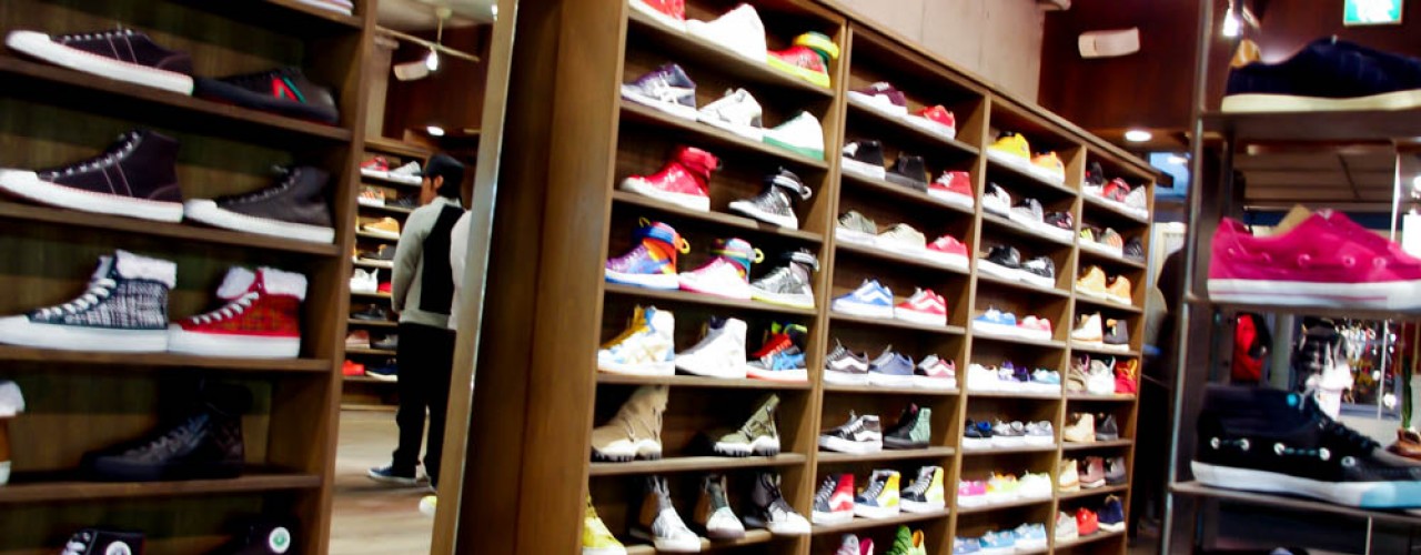 Sneaker wall at Gettry in Tokyo. Photo by alphacityguides.