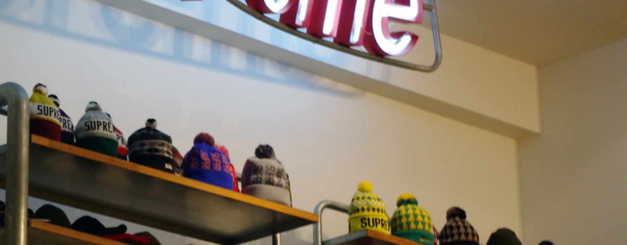 Hat display inside Supreme in Tokyo. Photo by alphacityguides.