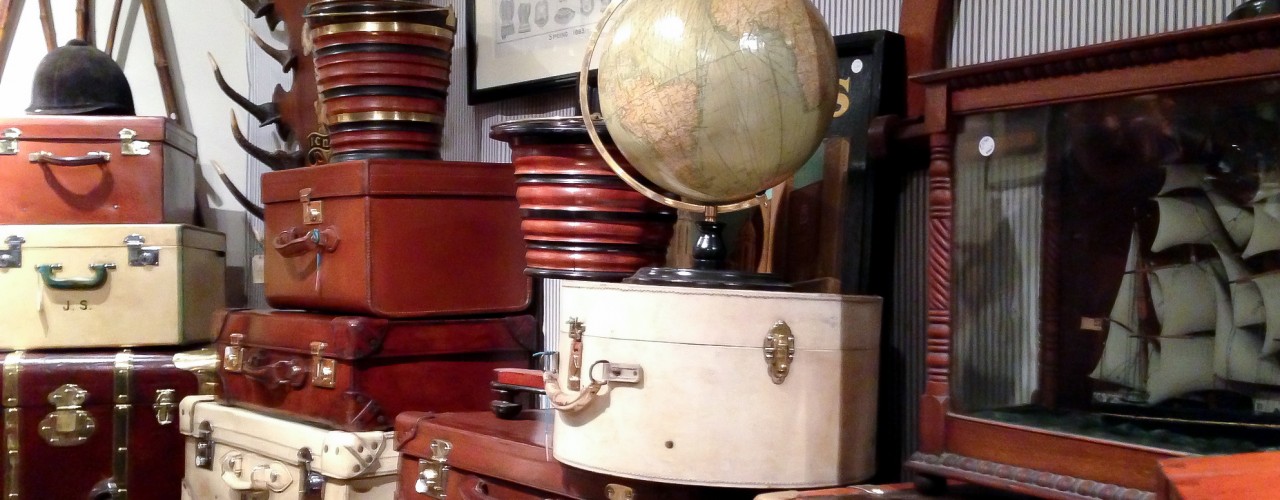 Vintage and antique globes and suitcases at Henry Gregory in London. Photo by alphacityguides.