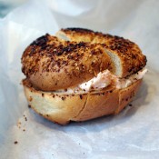 Toasted bagel with cream cheese at Ess-A-Bagel in New York. Photo by alphacityguides.